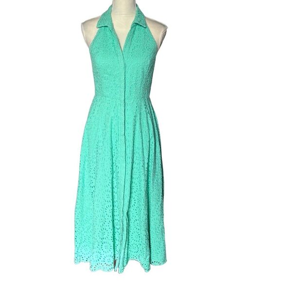 Lilly Pulitzer Dress Size 4 Mint Green Halter Eyelet Lace Midi Collared Resort - Picture 5 of 6